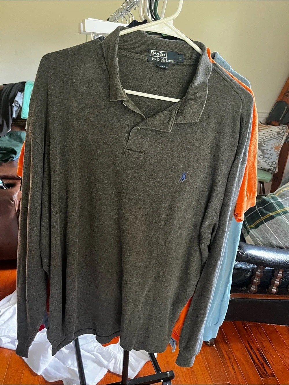 Polo by Ralph Lauren Dark Charcoal Long-Sleeve Polo with Blue Logo